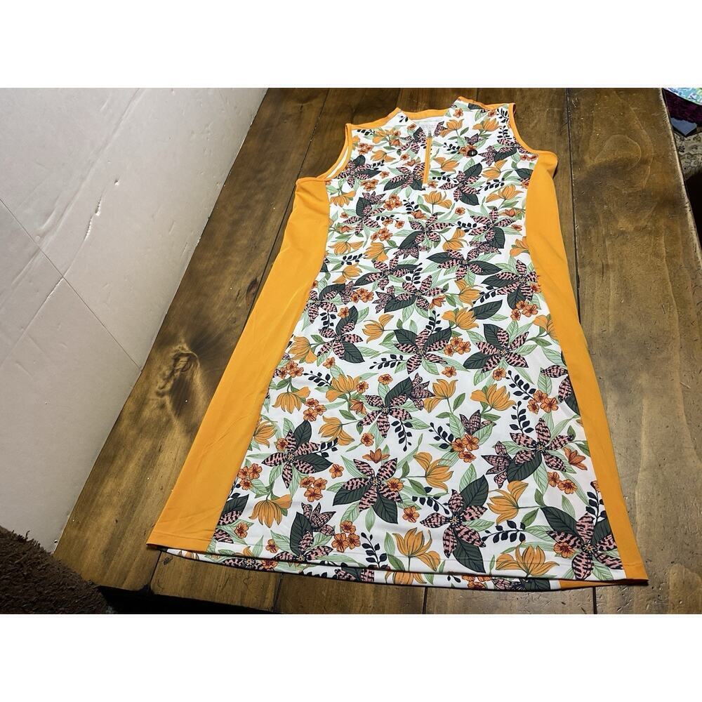 Coolibar UPF 50+ Backspin Golf Dress Zip Up Neck Sleeveless Floral Orange Medium